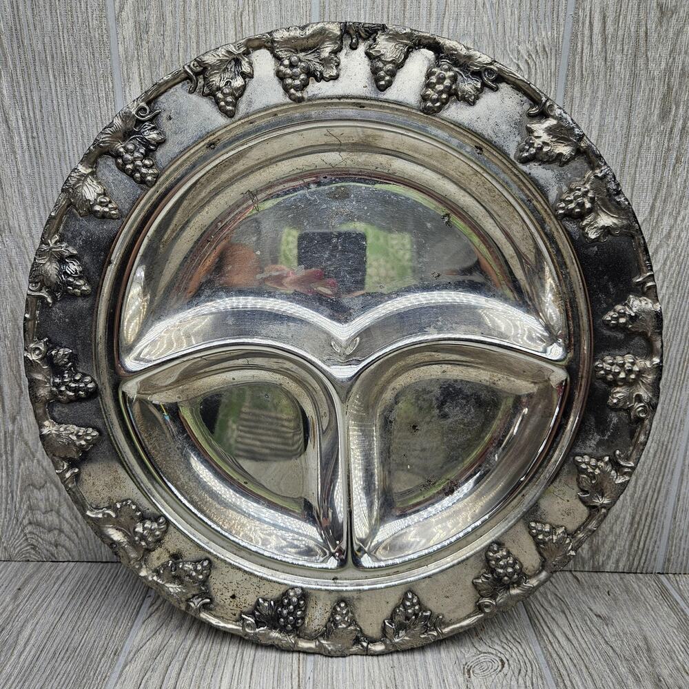 Vintage Silver Plated Divided Serving Tray Ornate Grape Edge 13" Platter‎ Decor